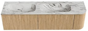 Mondiaz Kurve-dlux 165cm badmeubel ronding rechts oak met 2 lades en 1 deur en wastafel stor small dubbel/links zonder kraangat glace