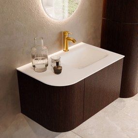 Mondiaz Kurve 75cm badmeubel ronding links ruby met 1 lade en deur en wastafel grunne kraangat rechts