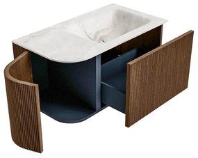 Mondiaz Kurve-dlux 85cm badmeubel ronding links walnut met 1 lade en deur en wastafel cloud rechts zonder kraangat frappe