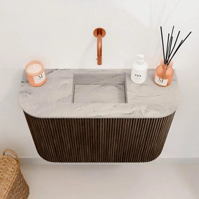 Mondiaz Joya DLux 65cm toiletmeubel ronding links/rechts walnut met wastafel faye midden zonder kraangat glace