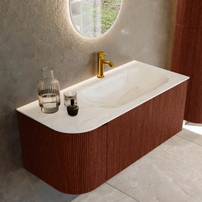 Mondiaz Kurve-dlux 105cm badmeubel ronding links ruby met 1 lade en deur en wastafel big small kraangat rechts ostra
