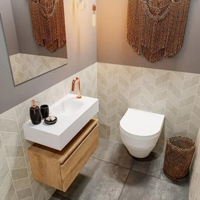MONDIAZ ANDOR Toiletmeubel - 60x30x30cm - 1 kraangat - 1 lades - washed oak mat - wasbak rechts - Solid surface - Wit FK75343371