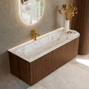 Mondiaz Kurve-dlux 125cm badmeubel ronding rechts walnut met 1 lade en deur en wastafel big medium kraangat links glace
