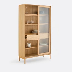 Vitrinekast van eikenfineer, poten van massief essenhout, 2 deuren en 2 laden, ELINA