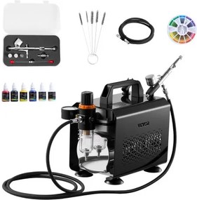 VEVOR Airbrush Set 1/6 HP met Luchtcompressor, 1 Dual Action Airbrush Pistool met 3 Nozzles (0,2/0,3/0,5 mm) &amp; Slang &amp; Acrylverf &amp; voor Taartdecoratie Model Schilderen Nail Art Laag Geluidsniveau