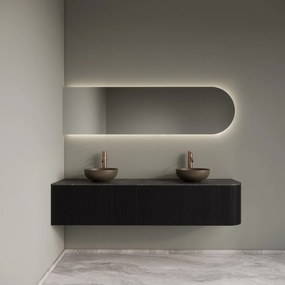 Gliss Design Alluro badmeubel ribbelfront met ronding rechts 180cm black en zwart leisteen toppaneel