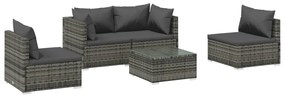 vidaXL 5-delige Loungeset met kussens poly rattan grijs