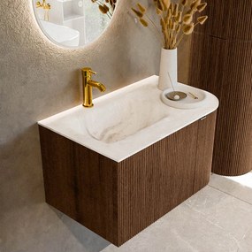 Mondiaz Kurve-dlux 75cm badmeubel ronding rechts walnut met 1 lade en deur en wastafel grunne kraangat links frappe