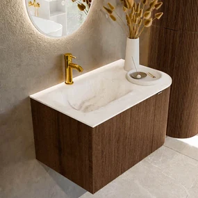 Mondiaz Kurve-dlux 75cm badmeubel ronding rechts walnut met 1 lade en deur en wastafel grunne kraangat links frappe
