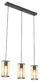 Eettafel / Eetkamer Oosterse hanglamp zwart met rotan 3-lichts langwerpig - AkiraOosters E27 Binnenverlichting Lamp