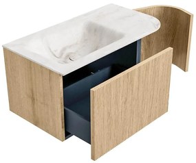Mondiaz Kurve-dlux 85cm badmeubel ronding rechts oak met 1 lade en deur en wastafel cloud links zonder kraangat frappe