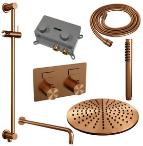 Brauer Copper Carving thermostatische inbouw regendouche met staafhanddouche, gebogen muurarm, glijstang en hoofddouche 30cm set 64 koper geborsteld PVD