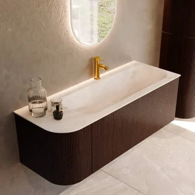Mondiaz Kurve-dlux 125cm badmeubel ronding links ruby met 1 lade en deur en wastafel big medium kraangat rechts ostra