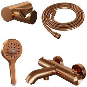 Brauer Stripe thermostatische badkraan met wandhouder en 3 standen handdouche koper geborsteld PVD