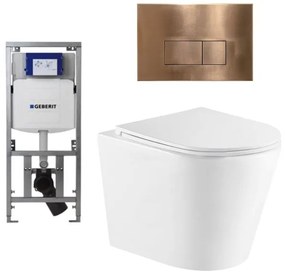 QeramiQ Dely Toiletset - 36.3x51.7cm - diepspoel - rimless - Geberit UP320 Burda inbouwreservoir - softclose toiletzitting - koperen bedieningsplaat - rechtehoekige knoppen - wit glans SW543431/0701131/SW706197