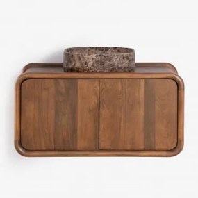 Muurhangende Badkamermeubelset 90x45 Cm Van Mangohout Maupaul Zonder Kraan & Donker Handvat Hout & Vierkant Bruin Marmer Met Aders 40x40 Cm Francesca