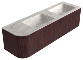 Mondiaz Kurve-dlux 155cm badmeubel ronding links ruby met 2 lades en 1 deur en wastafel leaf dubbel/rechts zonder kraangat ostra