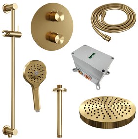 Brauer Stripe inbouw regendouche rond met 25cm hoofddouche, rond met plafondarm, glijstang en 3 standen handdouche set 48 messing geborsteld PVD