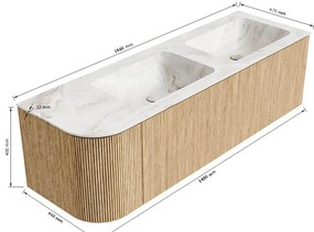 Mondiaz Kurve-dlux 145cm badmeubel ronding links ruby met 1 lade en deur en wastafel leaf dubbel/rechts 2 kraangaten opalo