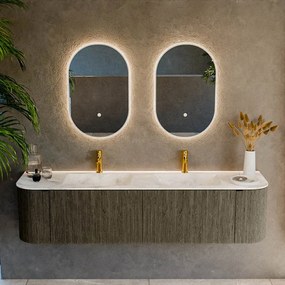 Mondiaz Kurve-dlux 180cm badmeubel ronding links/rechts shadow met 2 lades en deuren en wastafel leaf dubbel 2 kraangaten frappe