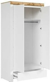 Kledingkast Sonsoru 110, Wotan eik, Wit, Glanzend wit, 204x106x57cm, 78 kg, Kledingkast deuren: Met scharnieren, Aantal planken: 1, Aantal planken: 1