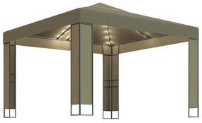 vidaXL Prieel met dubbel dak en LED-lichtslinger 3x3x2,7 m taupe