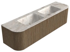 Mondiaz Kurve-dlux 170cm badmeubel ronding links/rechts dusk met 1 lade en 2 deuren en wastafel leaf dubbel zonder kraangat frappe