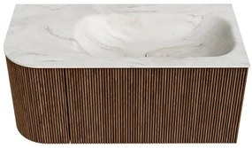 Mondiaz Kurve-dlux 95cm badmeubel ronding links walnut met 1 lade en deur en wastafel big small rechts zonder kraangat ostra