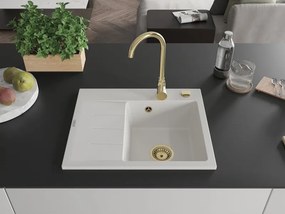 Mexen Ben granitische spoelbak met 1 bak en afdruiprek, rechts 600 x 500 mm, wit, gouden sifon - 6523605000-20-G