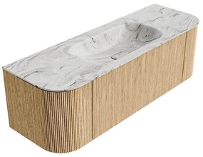 Mondiaz Kurve-dlux 140cm badmeubel ronding links/rechts oak met 1 lade en 2 deuren en wastafel big small midden 1 kraangat glace