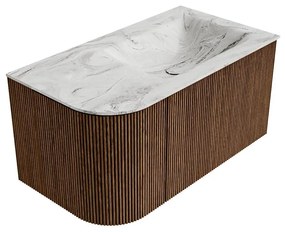 Mondiaz Kurve-dlux 85cm badmeubel ronding links walnut met 1 lade en deur en wastafel cloud kraangat rechts glace