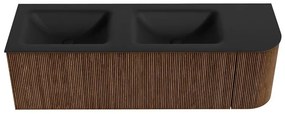 Mondiaz Kurve 145cm badmeubel ronding rechts walnut met 1 lade en deur en wastafel cloud dubbel/links zonder kraangat urban