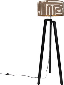 Vloerlamp zwart tripod met bruin en beige gestreepte kap 50cm - Puros