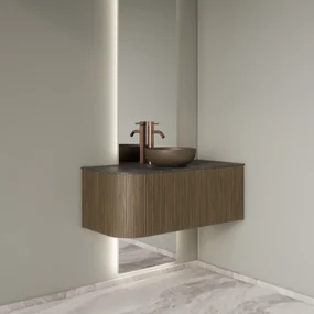Gliss Design Alluro badmeubel ribbelfront met ronding links 100cm ash grey en zwart leisteen toppaneel