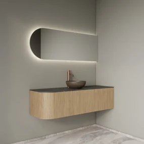 Gliss Design Alluro badmeubel ribbelfront met ronding links 140cm mist en zwart leisteen toppaneel