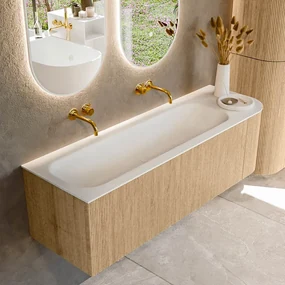 Mondiaz Kurve 145cm badmeubel ronding rechts oak met 1 lade en deur en wastafel big large links zonder kraangat
