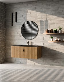 Muebles Raya badmeubel ribbelfront 100cm warm eiken met zwarte wastafel met kraangat