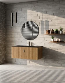 Muebles Raya badmeubel ribbelfront 100cm warm eiken met zwarte wastafel met kraangat