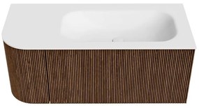 Mondiaz Kurve 105cm badmeubel ronding links walnut met 1 lade en deur en wastafel big small rechts zonder kraangat