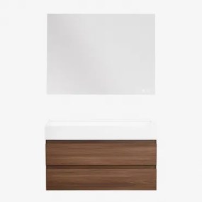 Ona Zwevend Badkamermeubelset Van Hout En Essenfineer Met Geïntegreerde Wastafel Donker Hout & Rectangular Led And Antifog 120x90 Cm Riben & - Sklum