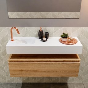 Mondiaz Andor toiletmeubel 100cm eiken met witte wastafel links met kraangat