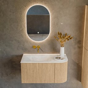 Mondiaz Kurve-dlux 85cm badmeubel ronding rechts oak met 1 lade en deur en wastafel cloud links zonder kraangat opalo