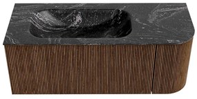 Mondiaz Kurve-dlux 115cm badmeubel ronding rechts walnut met 1 lade en deur en wastafel big small kraangat links lava