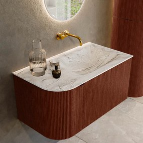 Mondiaz Kurve-dlux 85cm badmeubel ronding links ruby met 1 lade en deur en wastafel cloud rechts zonder kraangat glace