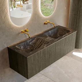 Mondiaz Kurve-dlux 130cm badmeubel shadow met 2 lades en wastafel leaf dubbel zonder kraangat lava