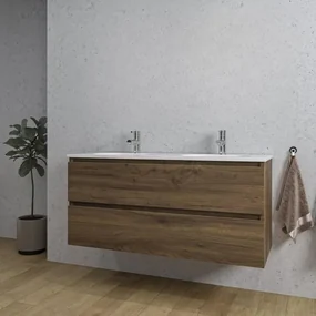 Adema Chaci Badkamermeubelset - 120x46x57cm - 2 ovale keramische wasbakken wit - 2 kraangaten - 2 lades - noten (hout) SW1212779/SW718719