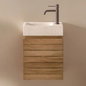 Teakhouten Badkamermeubelset Met Geïntegreerde Wastafel In Napier Cement Teakhout & Spiegelloze & Bruin - Mokka ↑20 Cm - Sklum