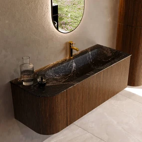 Mondiaz Kurve-dlux 125cm badmeubel ronding links dusk met 1 lade en deur en wastafel big medium kraangat rechts lava