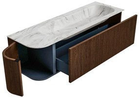 Mondiaz Kurve-dlux 145cm badmeubel ronding links walnut met 1 lade en deur en wastafel big large rechts zonder kraangat glace