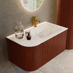 Mondiaz Kurve-dlux 85cm badmeubel ronding links ruby met 1 lade en deur en wastafel cloud kraangat rechts frappe